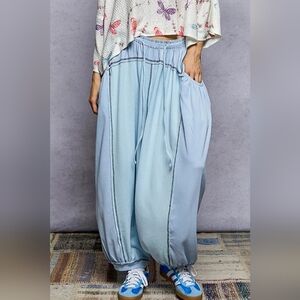 #1072 POL Contrast Ease Flowy Pants (Sky Blue)